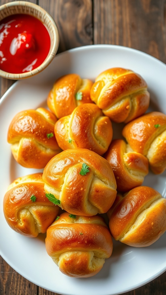 Homemade Garlic Bread Knots Recipe Golden garlic bread knots on a plate, garnished with parsley, served with marinara sauce.